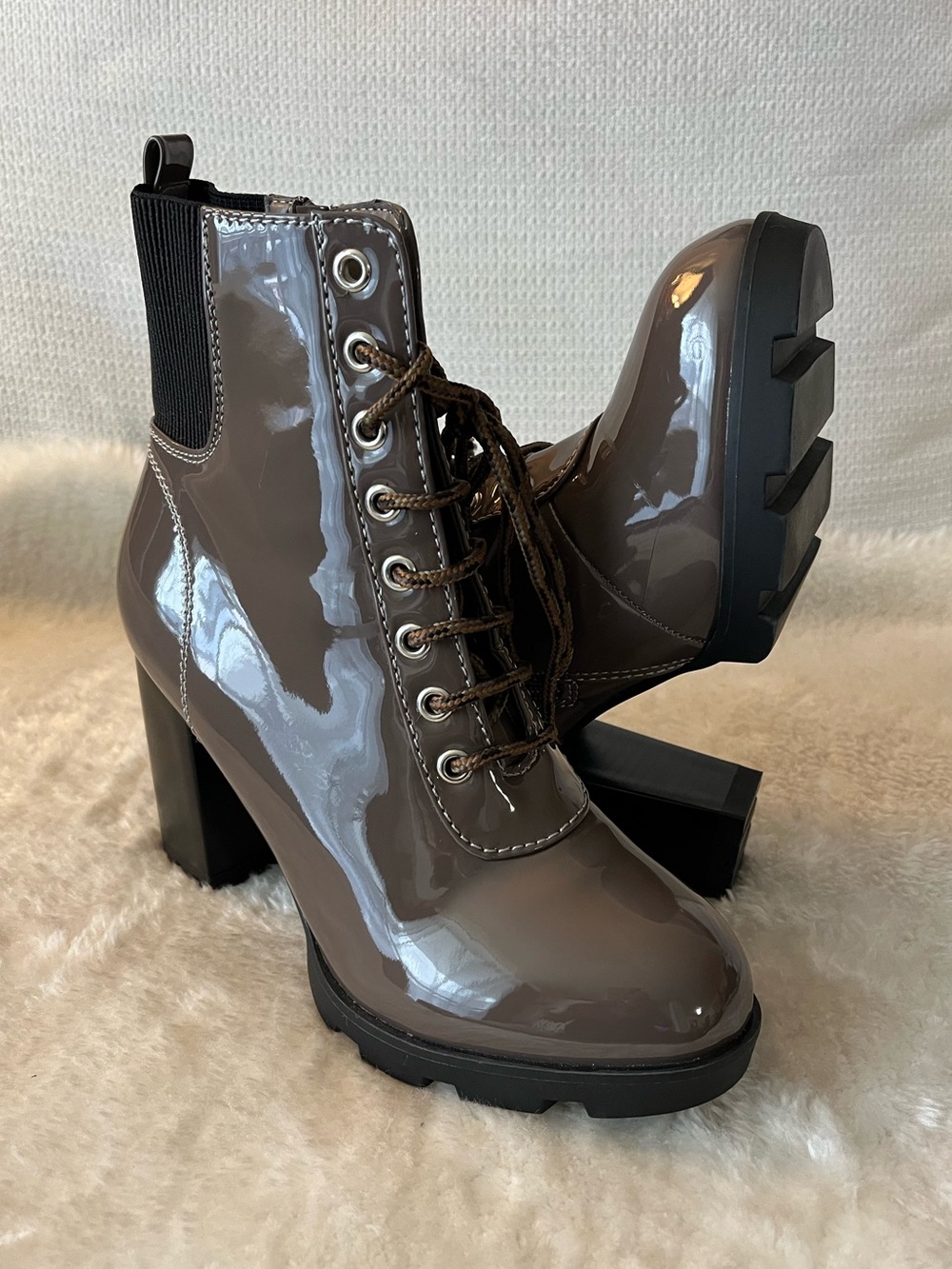 Rouge Patent Taupe Lace-Up Platform Booties - Women's